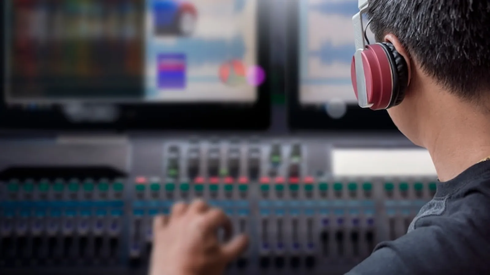 Altes Tonstudio mit warmem Licht, einem Mikrofon und gedämpfter Atmosphäre